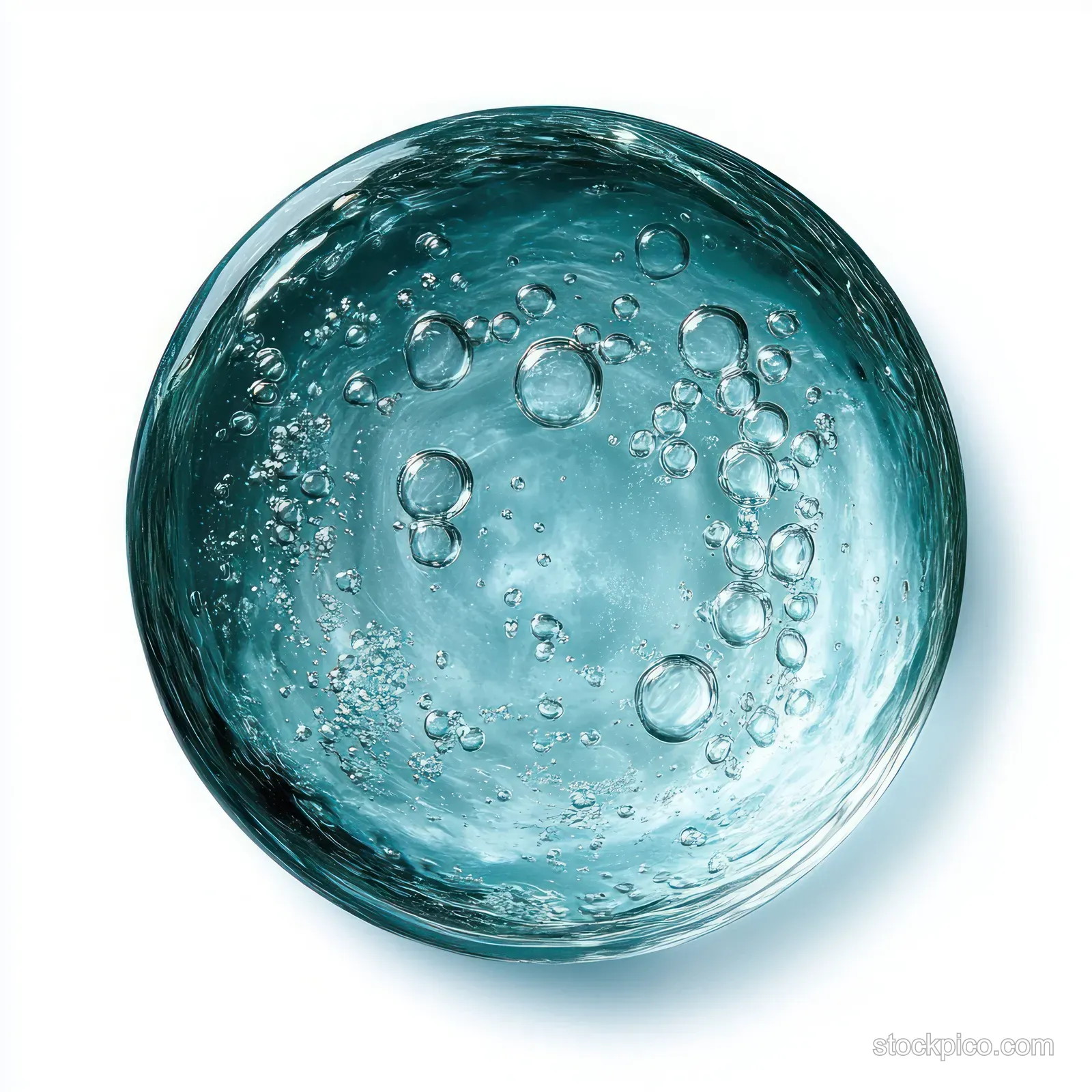 A transparent blue liquid sphere with numerous suspended air bubbles sits centered on a white background.