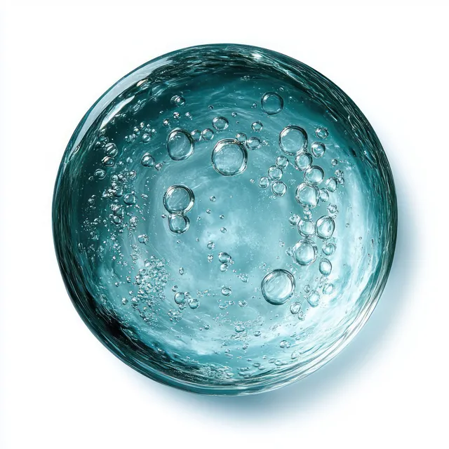 A transparent blue liquid sphere with numerous suspended air bubbles sits centered on a white background.