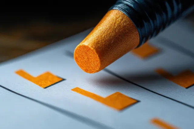 Pencil tip touching orange-checked boxes on a minimalist checklist page.