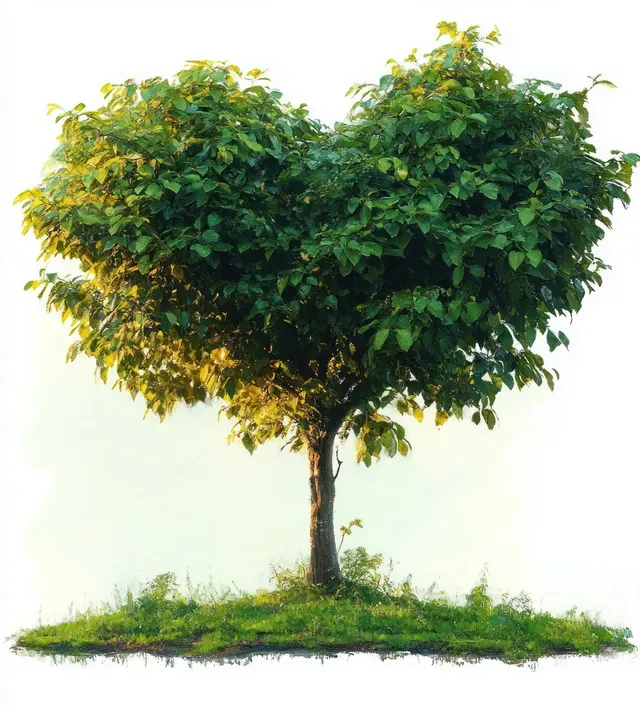 A heart-shaped leafy green tree growing from a small grass patch on a white background.