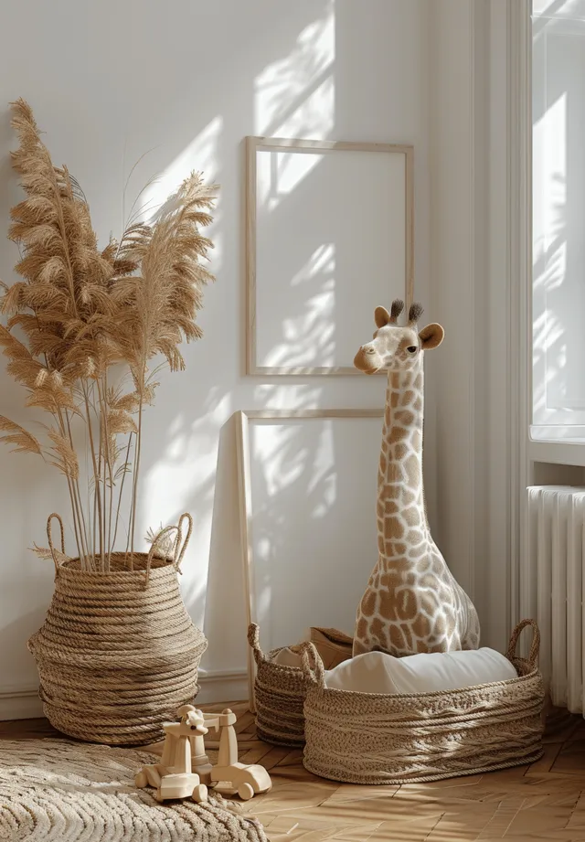 Scandinavian nursery corner with natural wooden toys by sunlit window