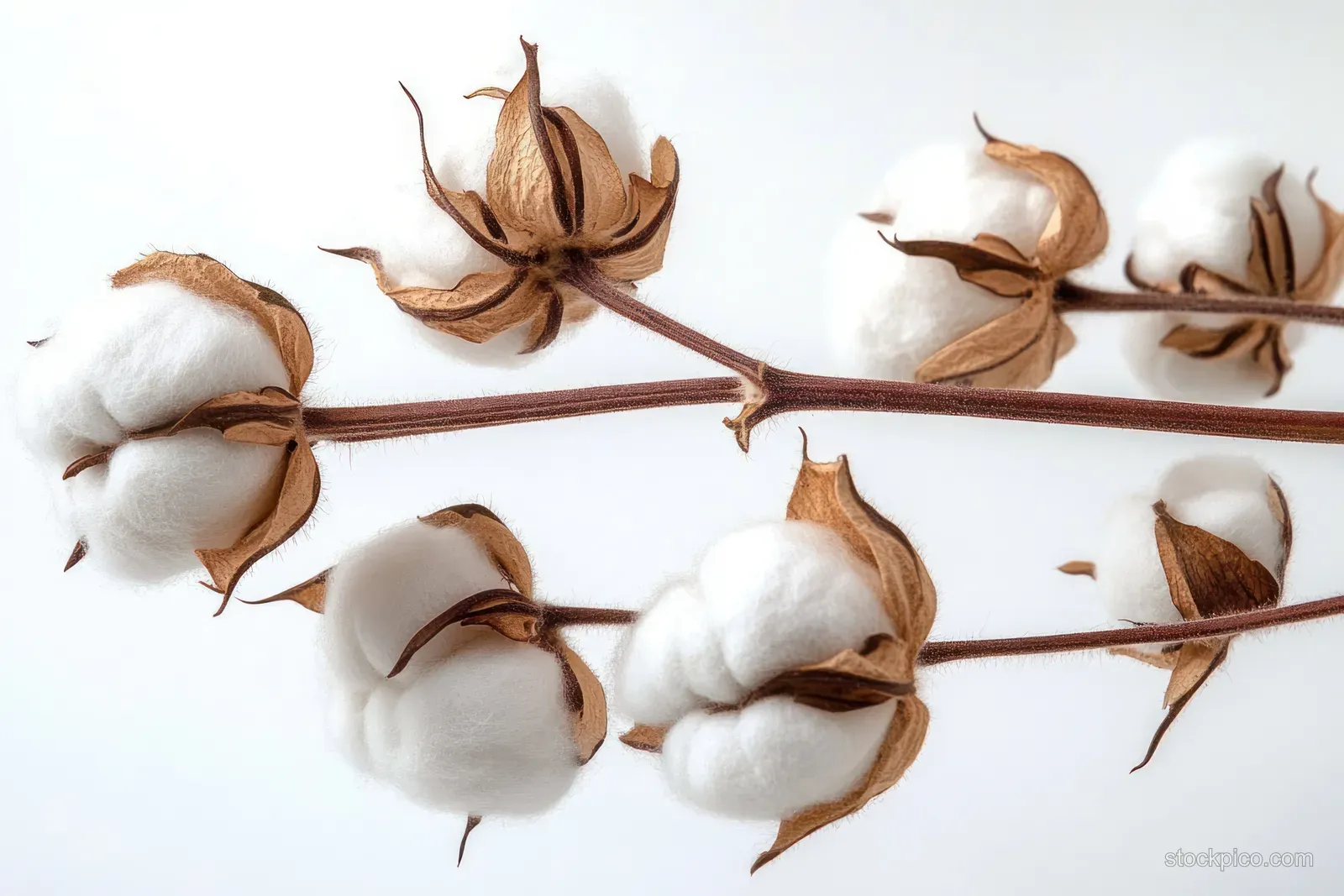 Cotton bolls with fluffy white fibers on brown stems arranged against a light background.