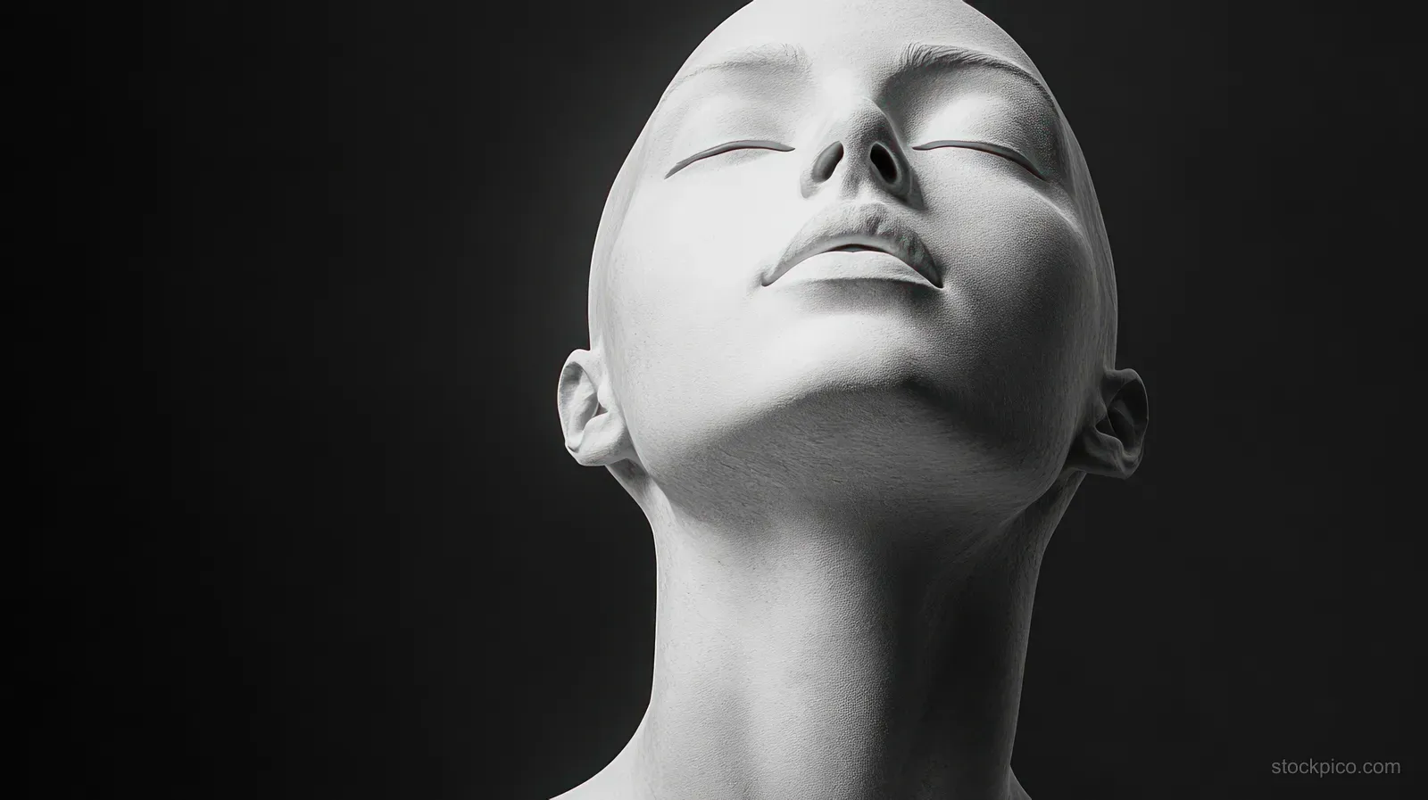 White human bust sculpture with eyes closed and head tilted back against a dark background under dramatic lighting.
