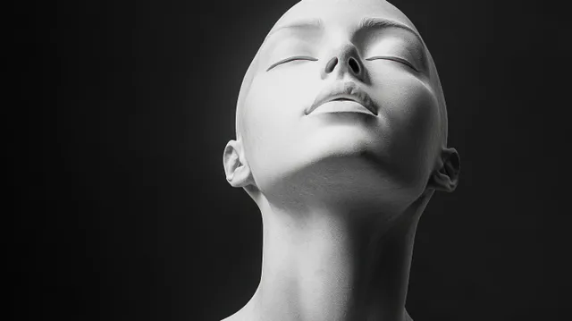 White human bust sculpture with eyes closed and head tilted back against a dark background under dramatic lighting.