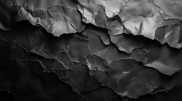 Crumpled black paper poster with blank surface against a textured gray wall with dramatic creases.
