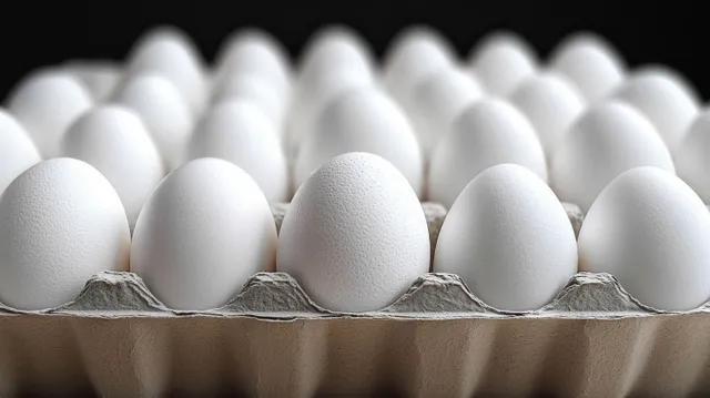 Close-up of white eggs lined in a cardboard tray with soft shadowed texture