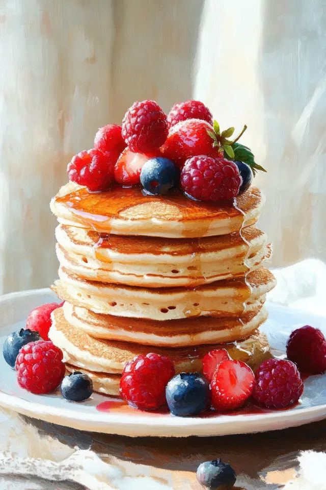 Golden stacked pancakes on a white plate with syrup and fresh strawberries, raspberries, and blueberries under soft natural light.