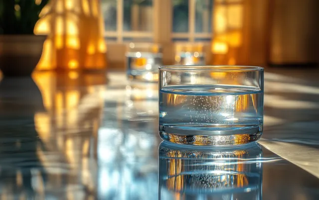 Transparent lab vial with shimmering liquid and faint glowing DNA strands under warm indoor lighting.