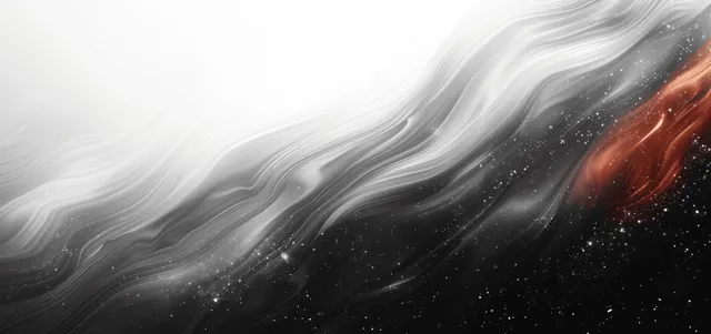 Graphite and white dust waves swirl across a dark cosmic gradient with faint star speckles.