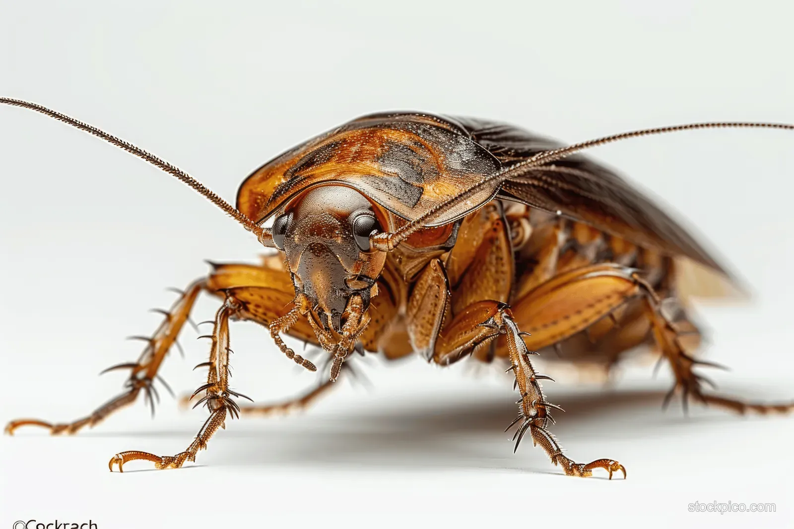 A brown cockroach is isolated on a clean white background with visible antennae and detailed legs.