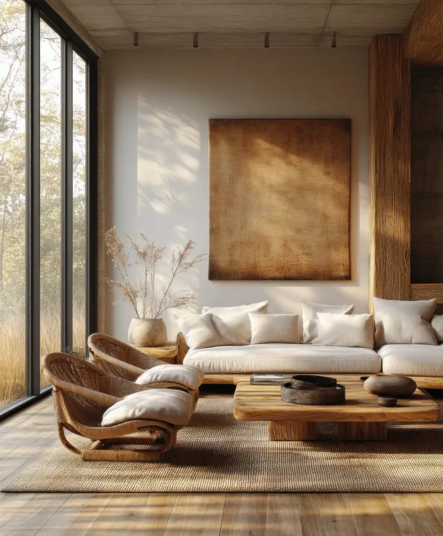 Minimal Japanese-style living-dining area with wooden sofa, woven rug, and soft daylight from large windows.