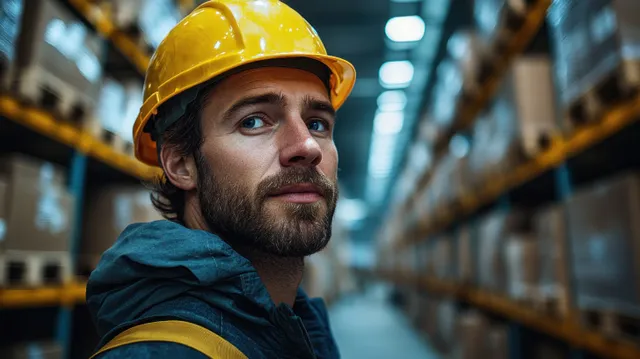 Construction worker in hard hat checking inventory on tablet inside warehouse aisles
