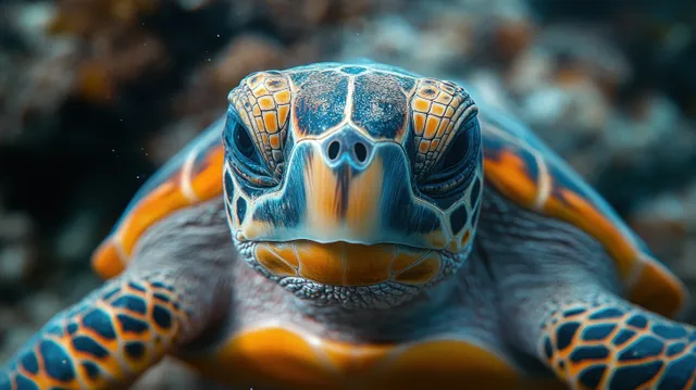 A sea turtle swims underwater toward the camera, showing detailed shell markings and bright eyes in turquoise light.