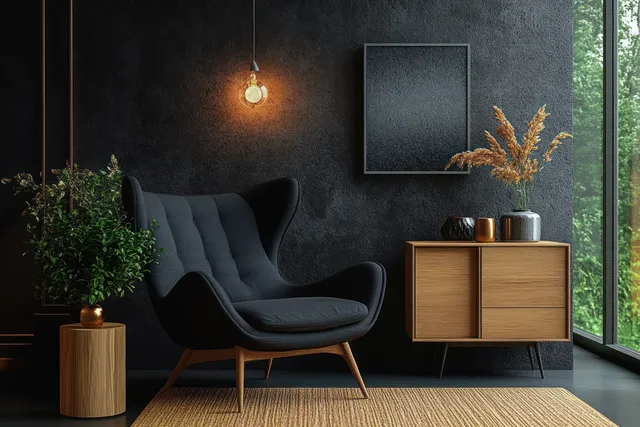 Black armchair and wooden sideboard in a minimalist interior with warm pendant light, plants, and window greenery view.