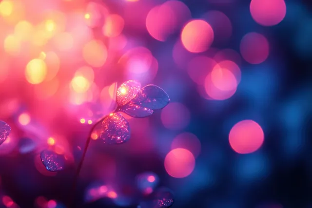 Soft pastel interior background with glowing bokeh spheres and subtle light reflections.