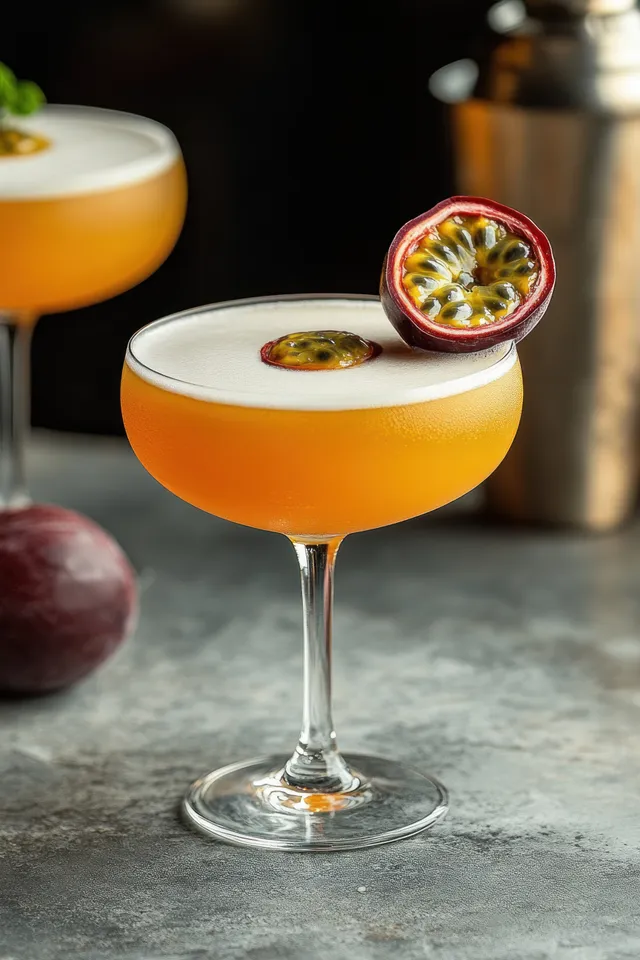 Passion fruit cocktail with frothy orange top in coupe glass, fresh fruit garnish nearby