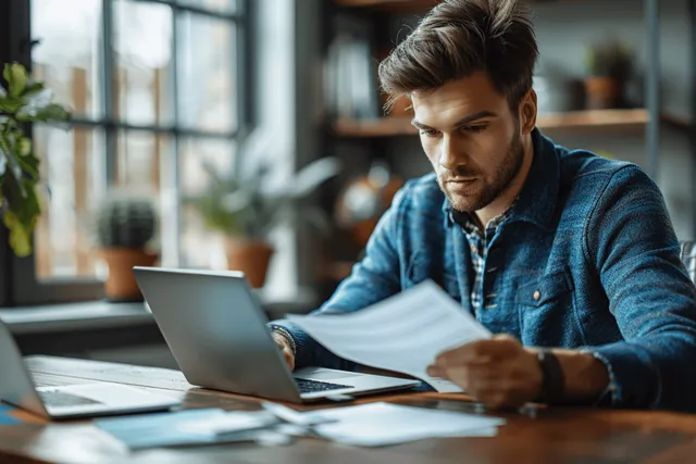 A young businessman reads paperwork and types on a laptop at an office desk beside windows.