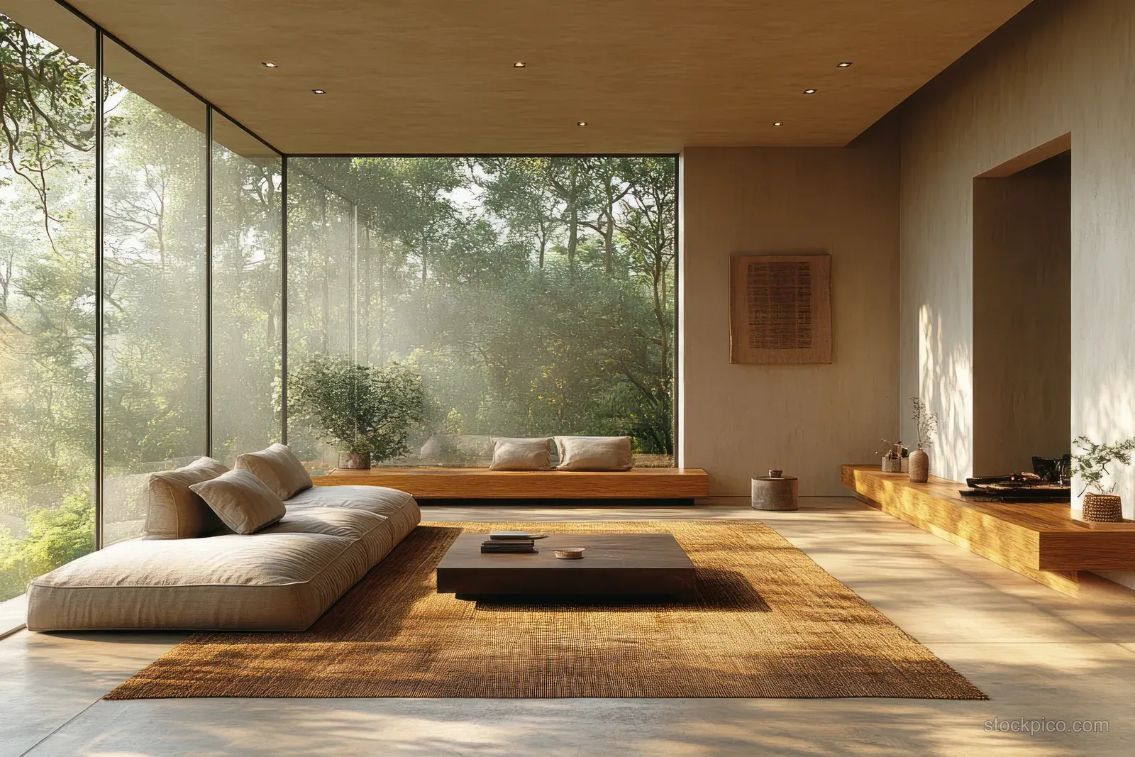 Sunlit minimalist living room with beige sofa, panoramic windows, and a large rug on a wooden floor.