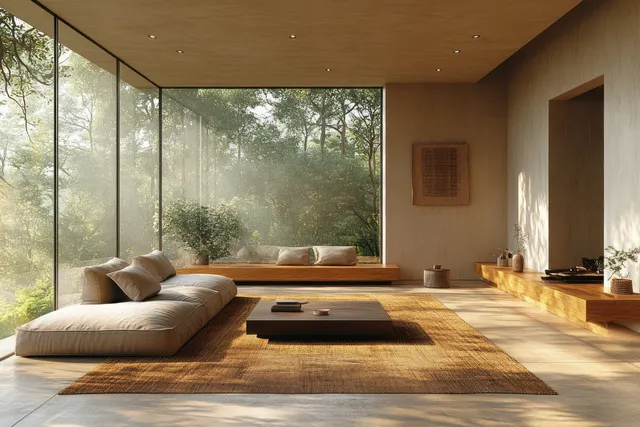 Sunlit minimalist living room with beige sofa, panoramic windows, and a large rug on a wooden floor.