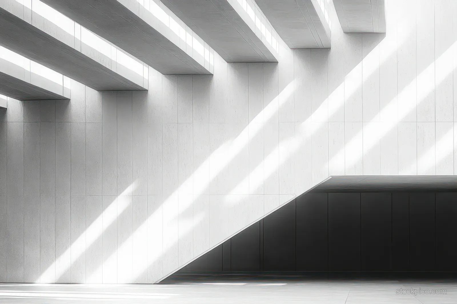 White interior ceiling beams cast diagonal shadows onto a sleek black geometric wall panel.
