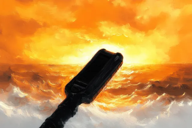 Black paddle floating on orange and gold ocean waves at sunset, glowing horizon light