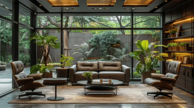 Leather sofas and lounge chairs in a glass-walled office with indoor plants and warm overhead lighting.
