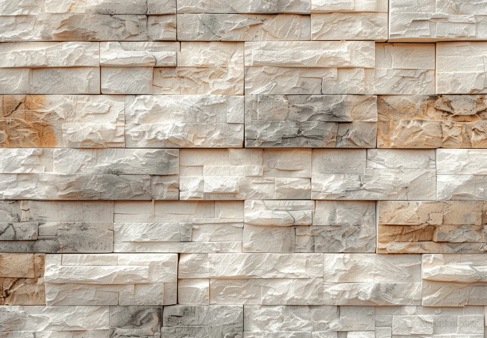Beige and light gray stone brick wall texture with staggered blocks and visible chiseled surface lines.