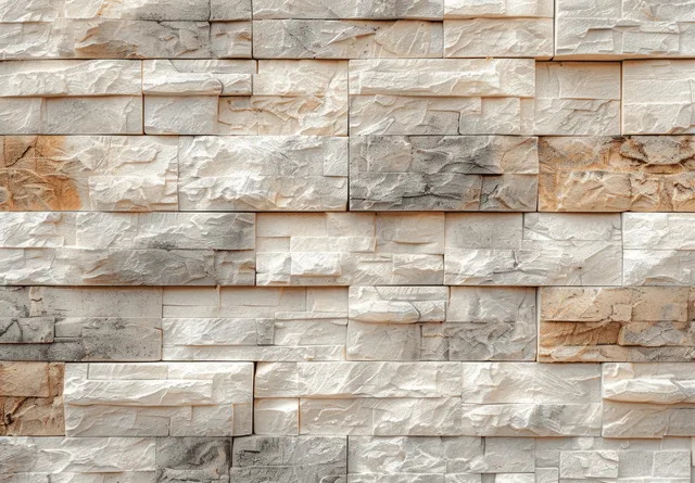 Beige and light gray stone brick wall texture with staggered blocks and visible chiseled surface lines.