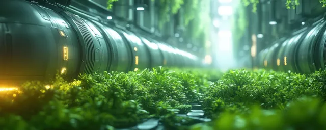 Futuristic carbon capture tubes glowing over lush green plants in a clean-tech tunnel