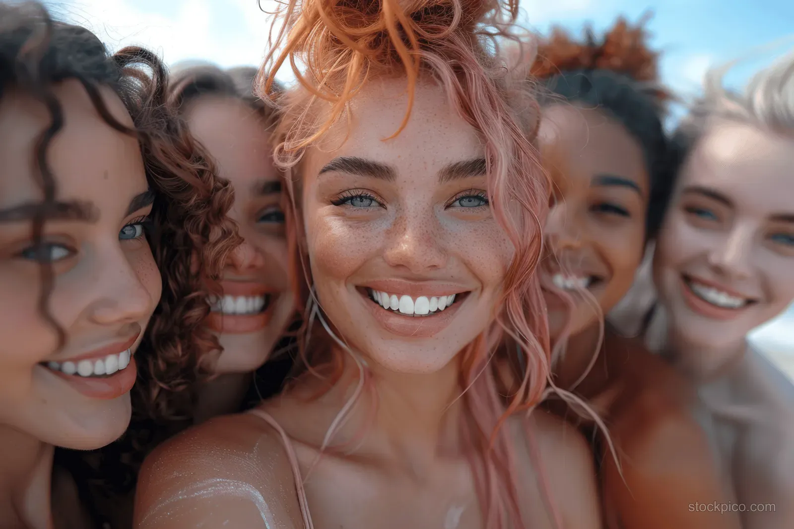 Diverse group of young women smiling for a beach selfie with sunlit faces against a blue sky.