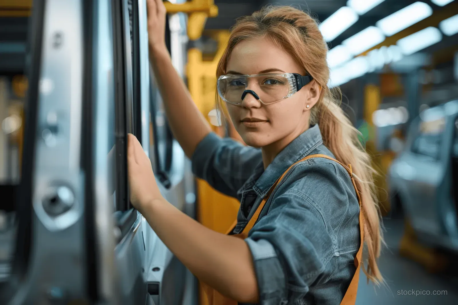 Woman wearing safety goggles stands beside factory machinery on an assembly line.