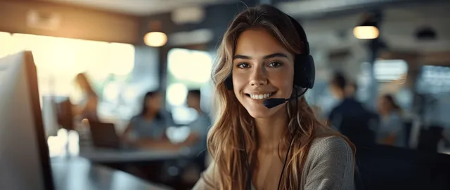 Smiling woman wearing a headset works at a computer desk in a warm-lit call center with blurred colleagues behind.