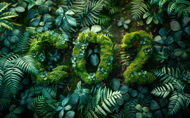 Green circular economy concept with moss letters formed in layered forest foliage