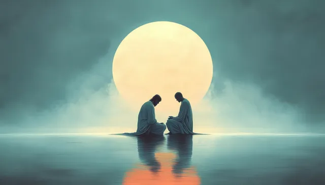 Jesus washing feet on Maundy Thursday, watercolor silhouettes under glowing full moon