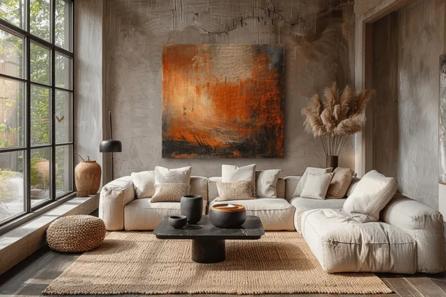 Beige sofas and a black coffee table sit on a natural jute rug in a bright Scandinavian living room.