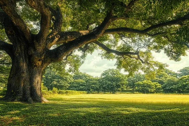 A large oak tree spreads branches over a sunny green field with dappled shadows on the grass.