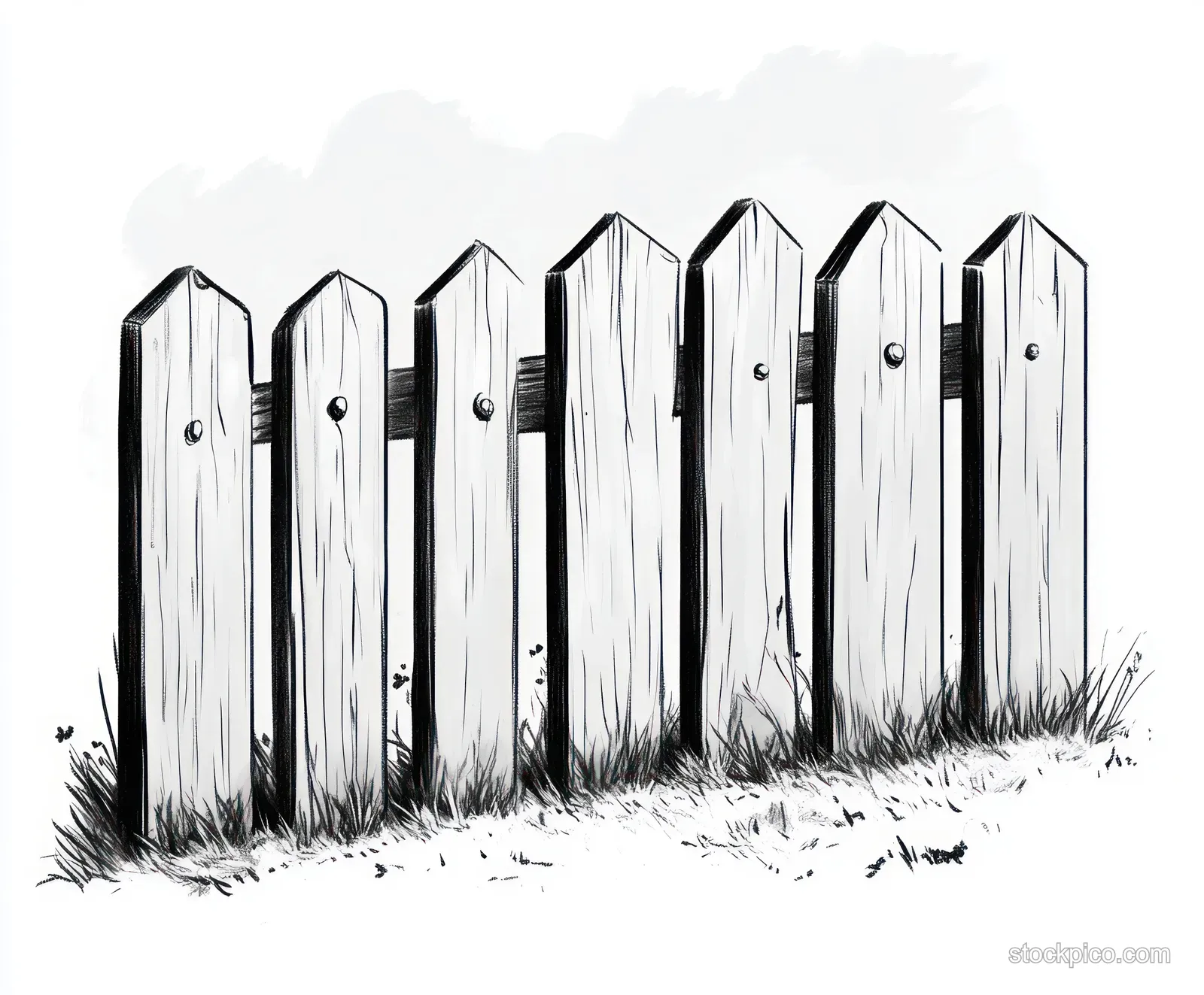 Monochrome sketch of a wooden picket fence with pointed tops rising from grass under a cloudy sky.