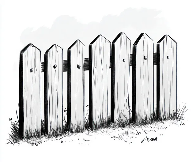 Monochrome sketch of a wooden picket fence with pointed tops rising from grass under a cloudy sky.