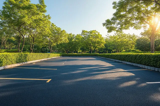 An empty asphalt parking lot is surrounded by lush green hedges and trees, casting long shadows under a clear blue sky.