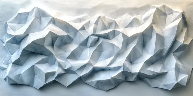 White low-poly prism relief creates a wave-like geometric wall with gentle shadows on a minimal background.