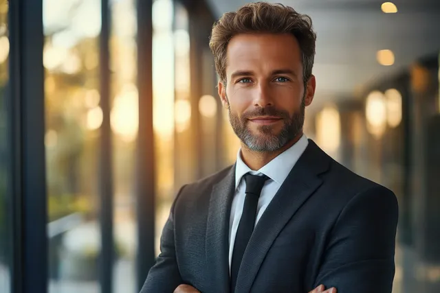 A confident senior businessman smiles in a modern corporate office, exuding professionalism and leadership.