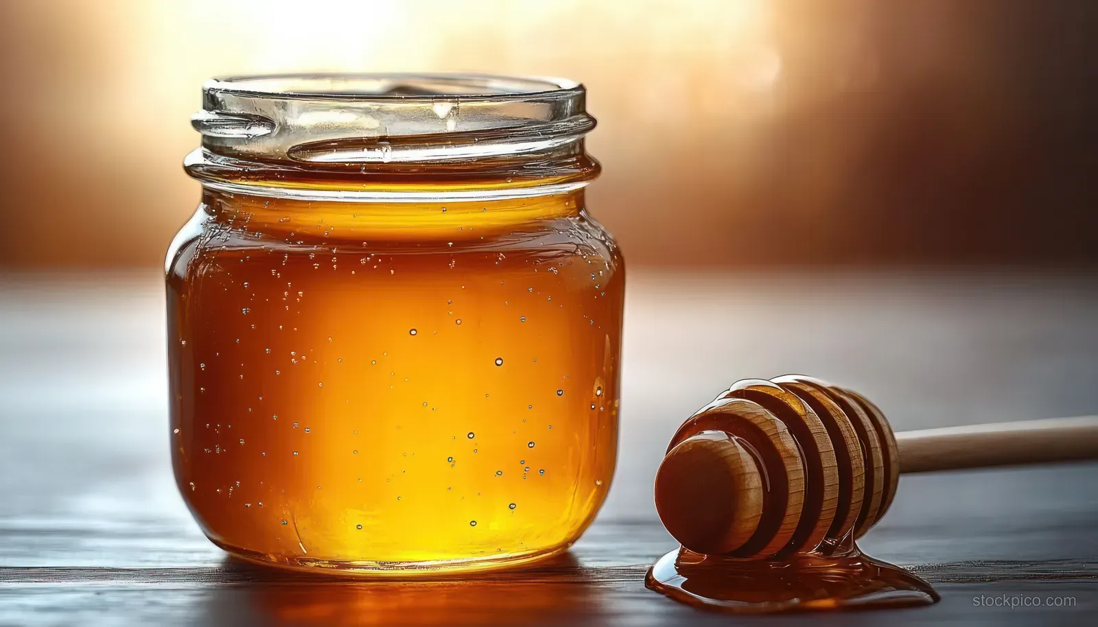 Transparent jar of golden honey with bubbles and a wooden honey dipper dripping honey on a wooden surface.