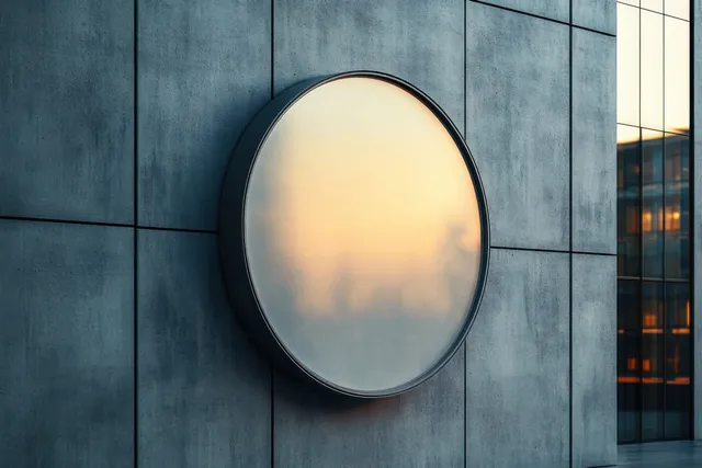 A round mirror mounted on a gray concrete wall reflects warm sunset light and nearby building windows.
