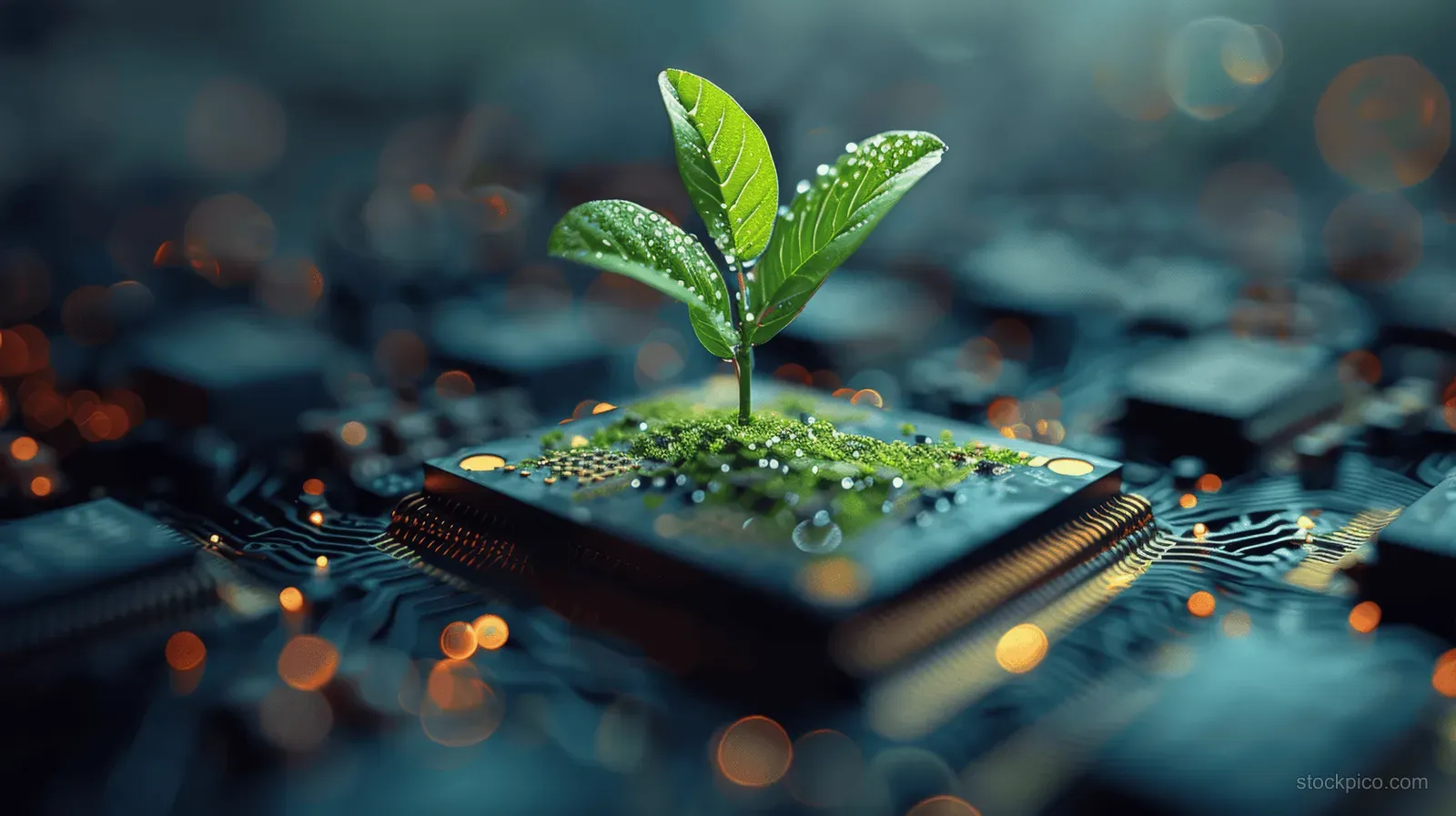 Green sapling grows from a lit microchip while water droplets sparkle across circuit traces.