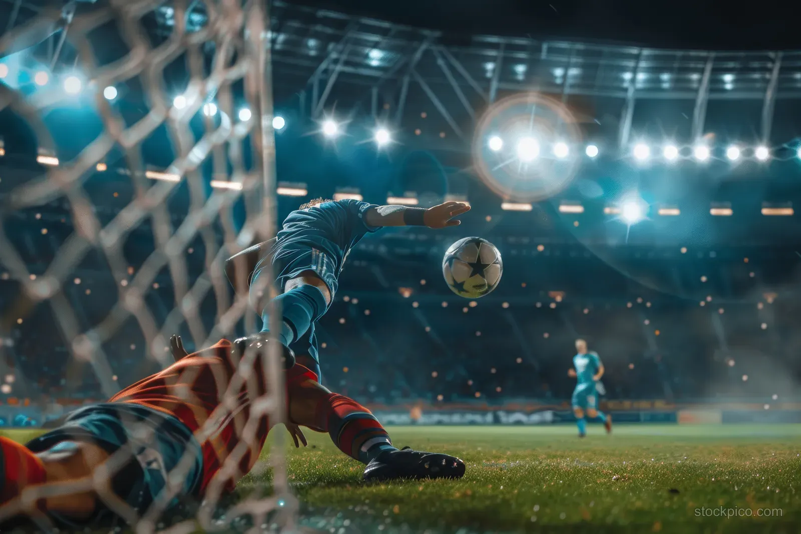 Striker leaps to head the ball past the net in a packed night stadium during a football qualifier.