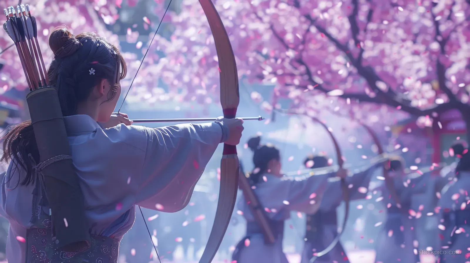 An archer draws a yumi bow on an outdoor archery range as cherry blossoms fall in the background.