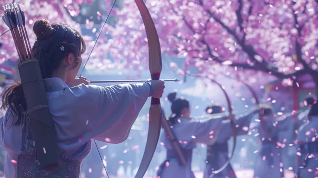 An archer draws a yumi bow on an outdoor archery range as cherry blossoms fall in the background.