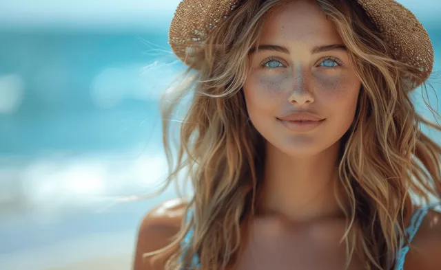 Young woman in straw hat posing on sunny beach