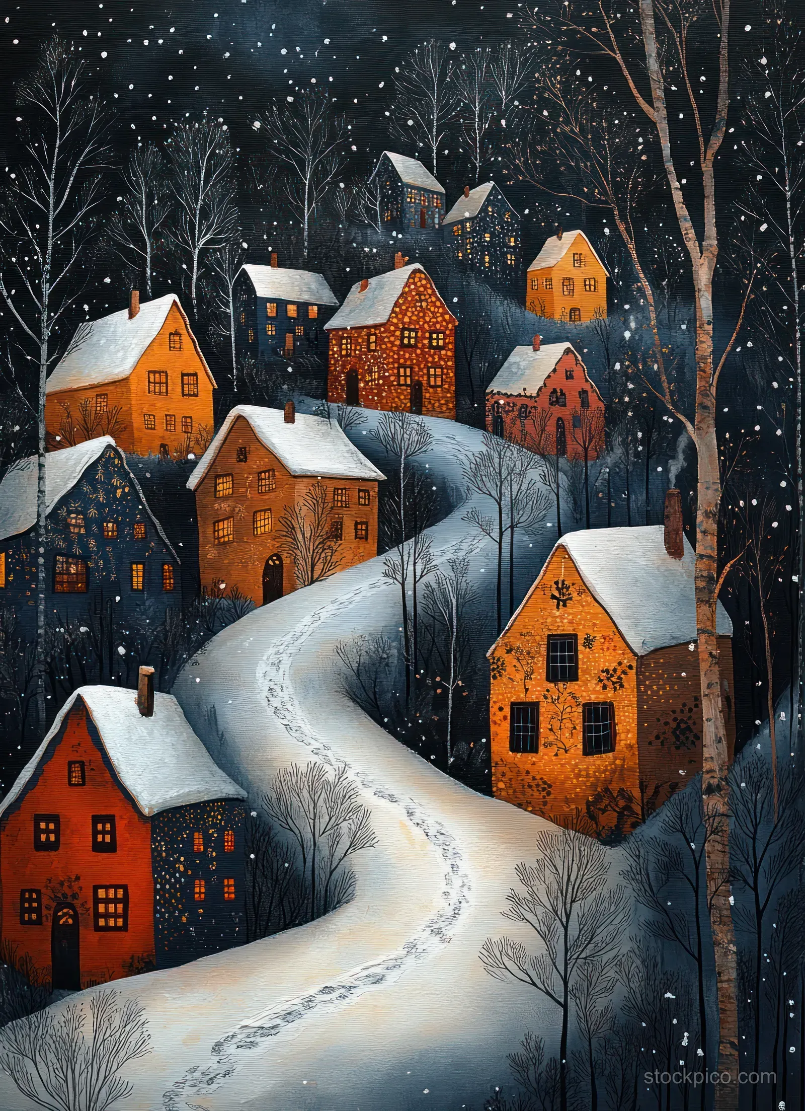 A snowy winter village at night with falling snow, warmly lit houses, and a winding path through the landscape.