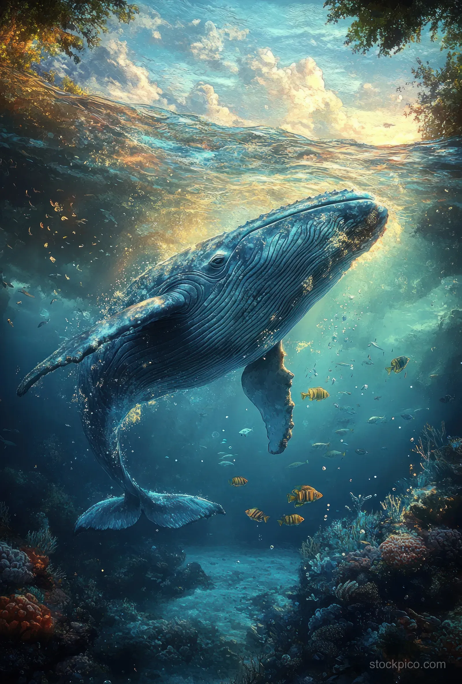 Watercolor illustration of a blue whale swimming underwater with glowing waves and a rocky horizon.